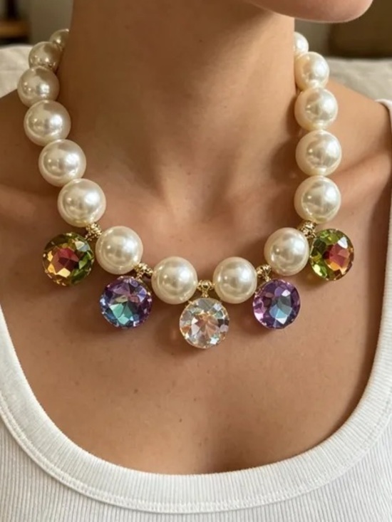 Jewelry - Bold Pearl Necklace Featuring Acrylic Pendant With Colorful Rhinestones Charms